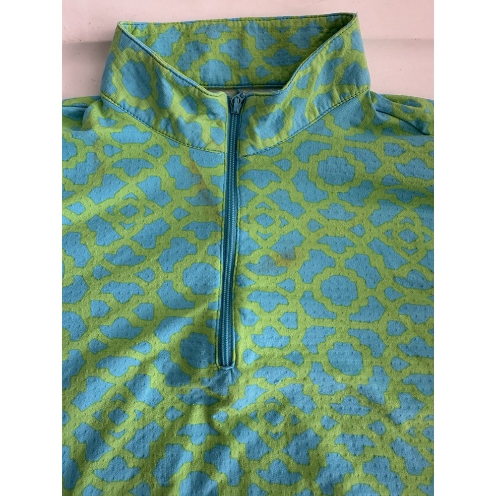 ICIKULS Geometric Small  1/4 Zip Pullover Top Blue Green Mesh Long Sleeve Flaw